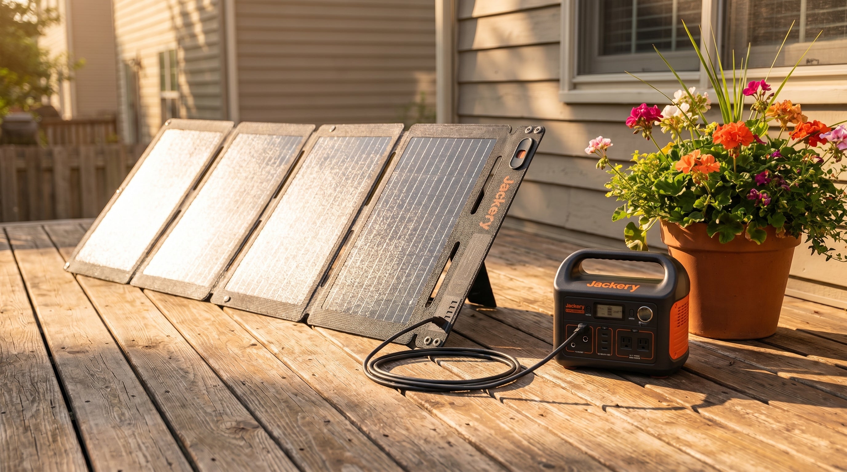 Jackery SolarSaga 40 Air foldable solar panel charging a power station on a backyard patio