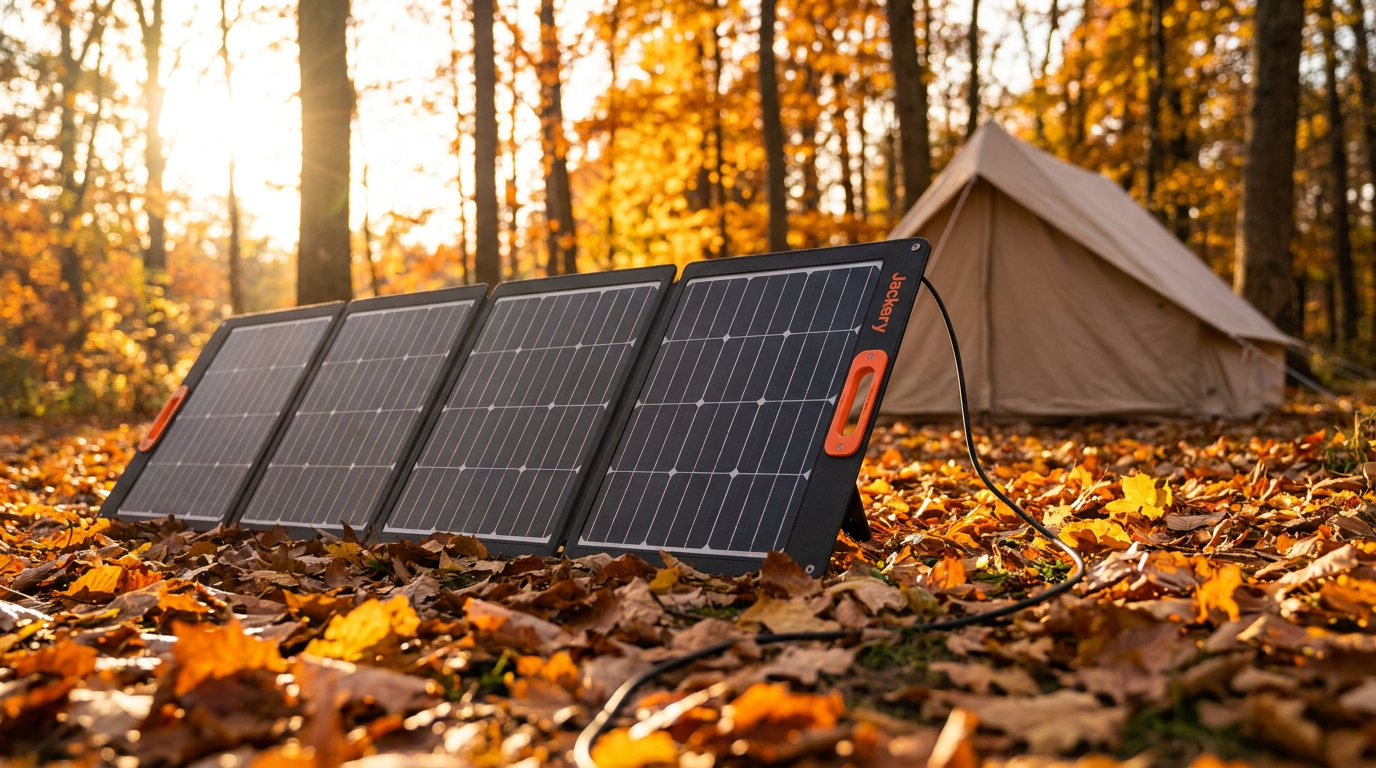 A Jackery 100Wair foldable solar panel set up on its kickstand among autumn leaves at a forest campsite, its four dark monocrystalline segments angled toward low afternoon sun, with a canvas tent behind.