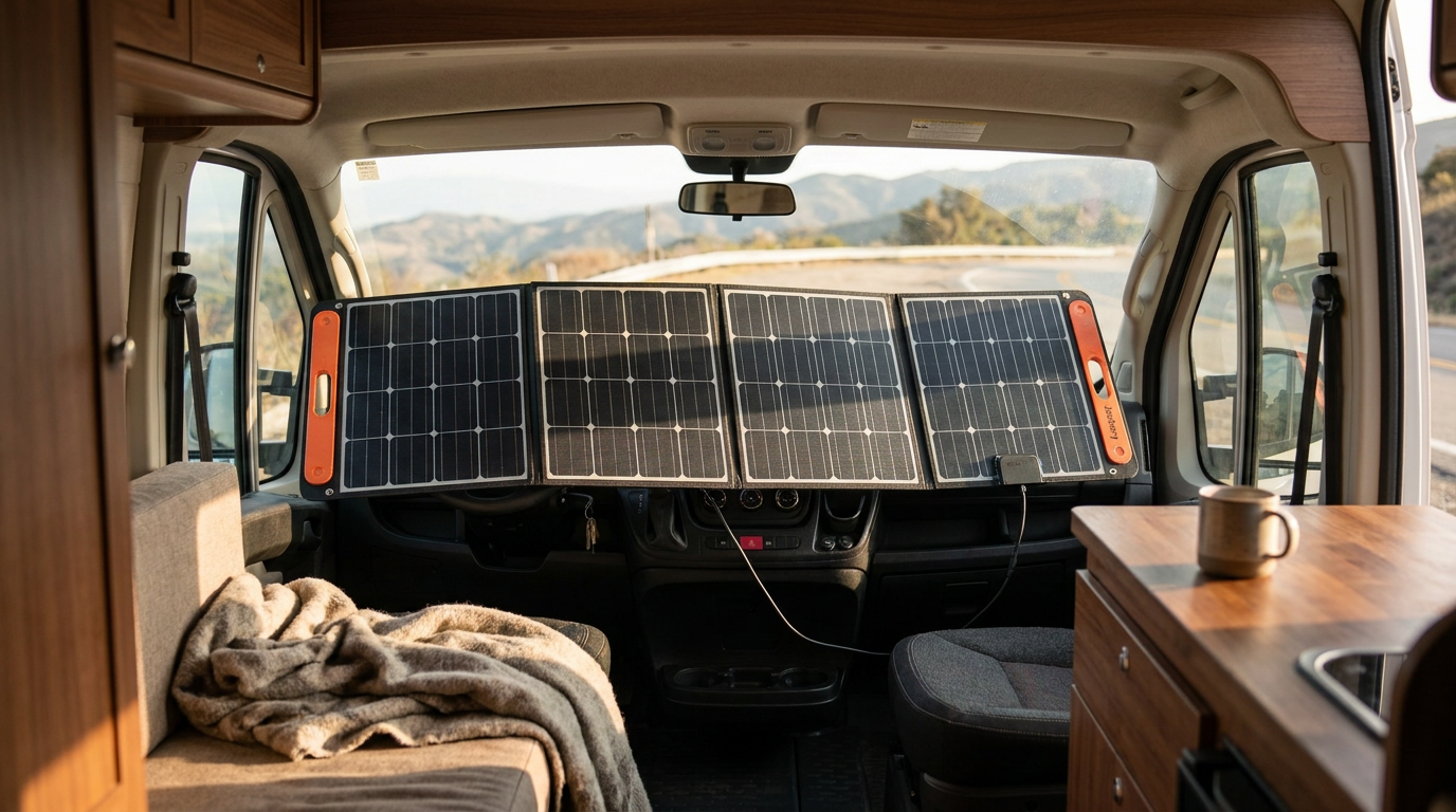 A Jackery 100Wair foldable solar panel opened across the dashboard of a camper van parked at a mountain overlook, its four dark monocrystalline segments facing the windscreen with a charging cable running down into the cab.