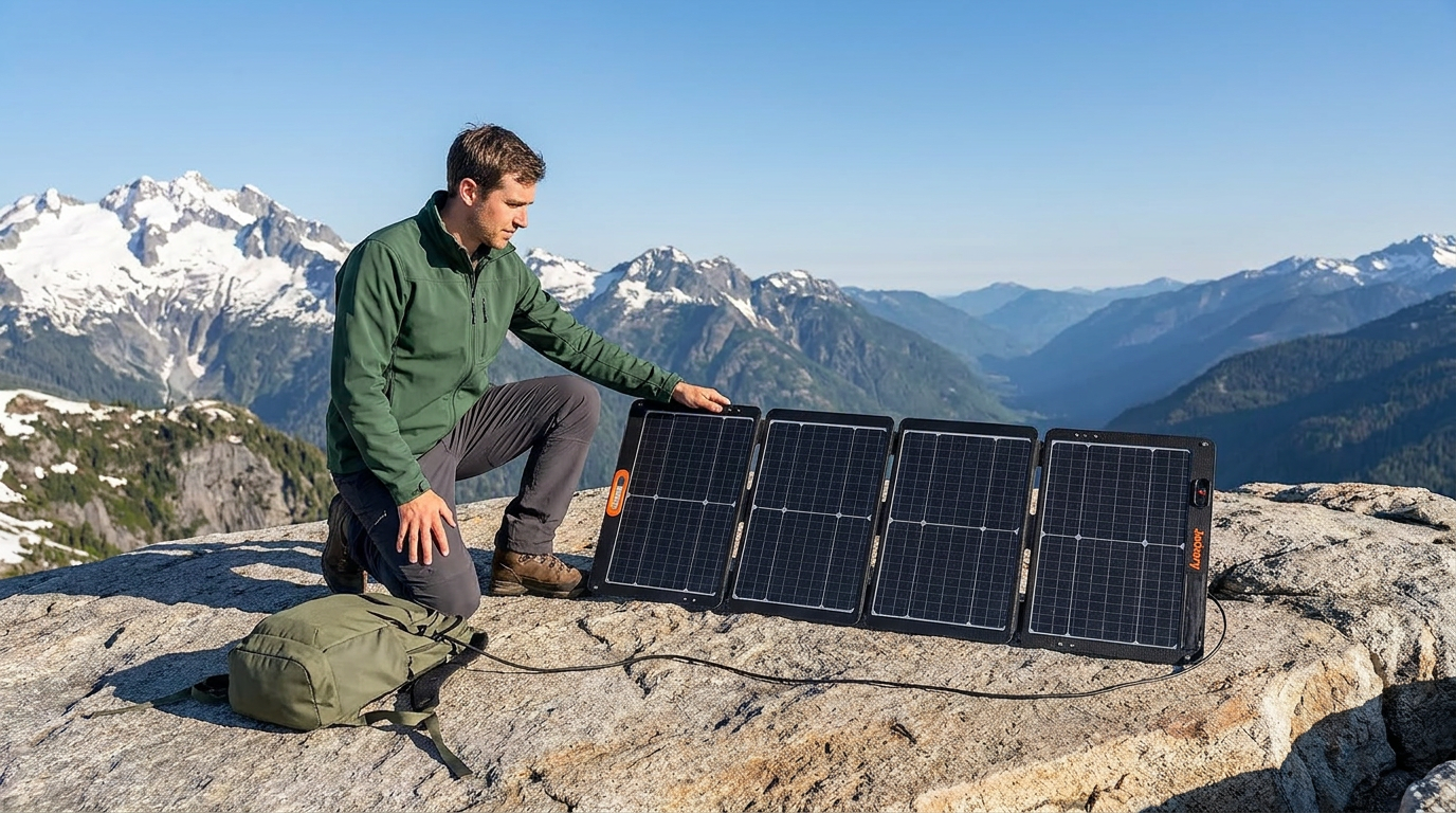 A hiker kneeling on a granite ledge high on a mountain ridge beside a Jackery 100Wair foldable solar panel, its four dark monocrystalline segments angled to the morning sun and a cable running to a backpack, snow-capped peaks behind.