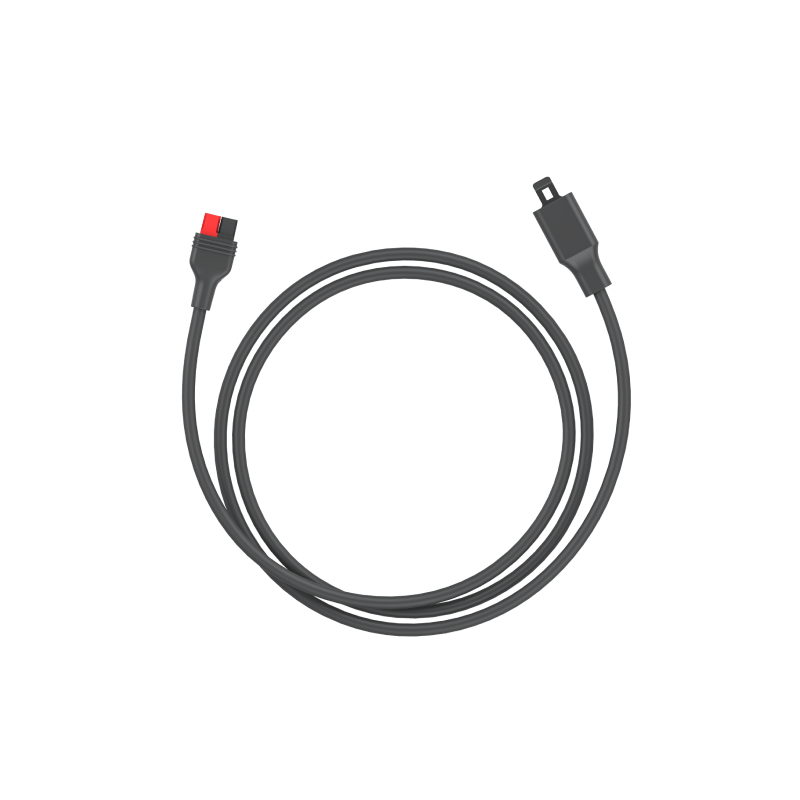 A Jackery Anderson Extension Cable, featuring a red-accented connector on the left and a black connector on the right, is coiled in a circle on a white background—perfect for linking devices such as the SolarSaga 100 Prime Solar Panel.