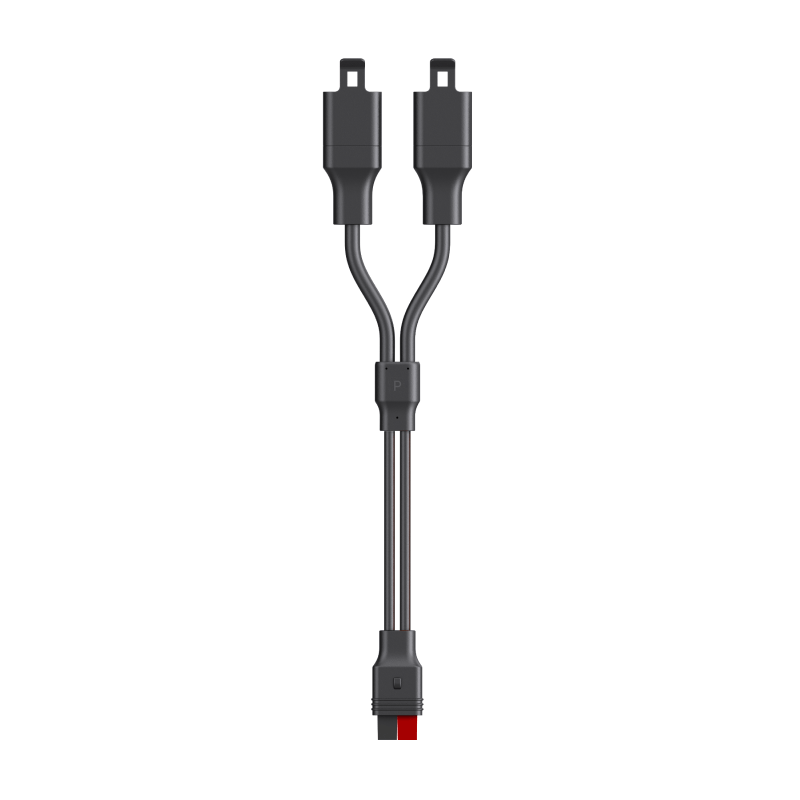 A black Y-shaped Jackery Anderson Extension Cable splits one bottom connector into two identical top connectors, shown on a white background—ideal for use with SolarSaga 100 Prime Solar Panel or Jackery SolarSaga 500 X.