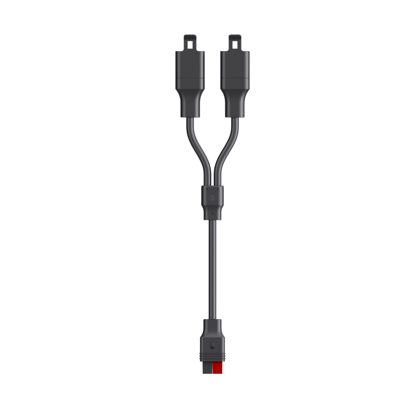 A Jackery black Y-shaped cable splitter, perfect as an Anderson Extension Cable for devices like the SolarSaga 500 X, features two identical connectors at the top and one at the bottom, shown on a white background.