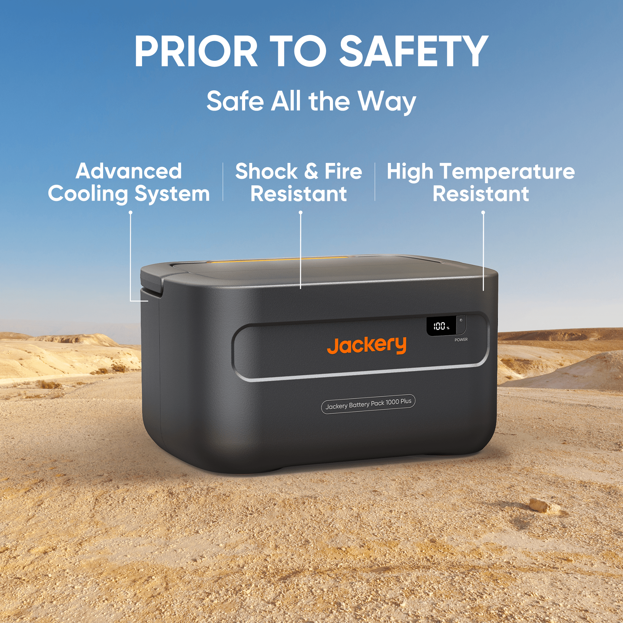 A Jackery Explorer 1000 Plus battery pack rests on sand under a clear sky, featuring advanced cooling, shock and fire resistance, and high temperature durability as a reliable Lithium Iron Phosphate Battery by Jackery.