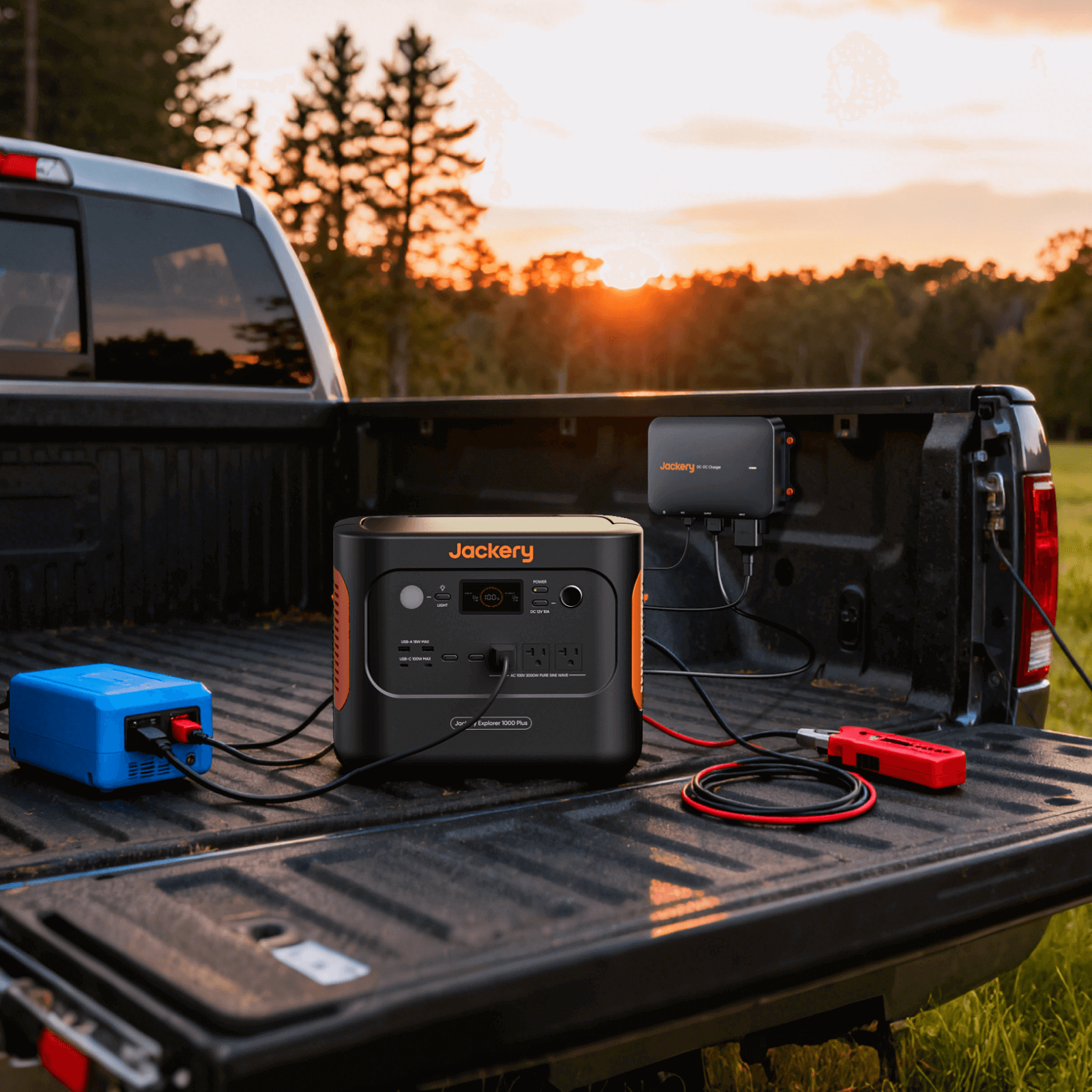 A Jackery portable power station rests in a pickup truck bed, powering multiple electronic devices via cables and a 600W vehicle charger, outdoors by trees at sunset.