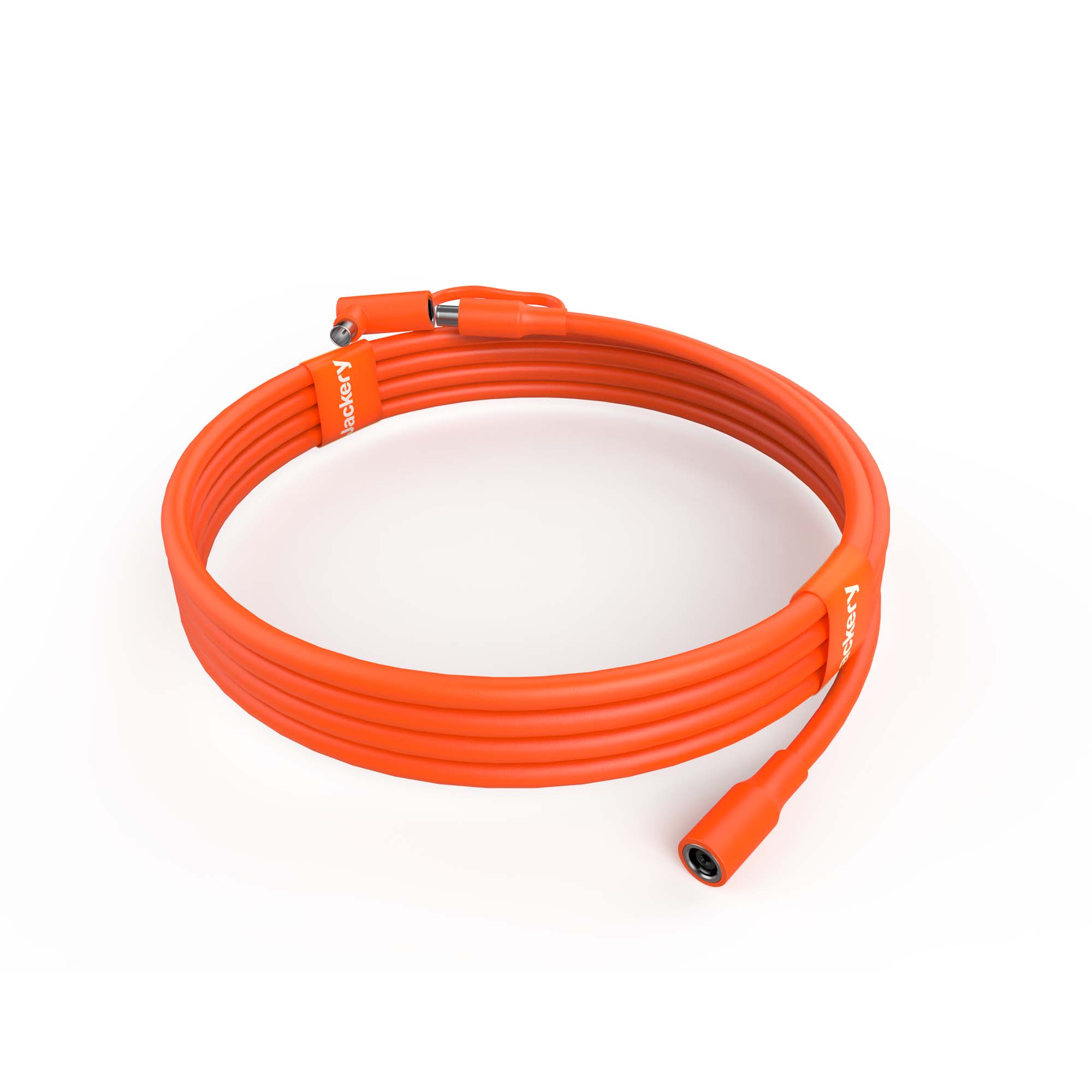 A coiled orange power cable with connectors on both ends and a small Jackery label near one connector, set against a plain white background—ideal for use with a portable power station.