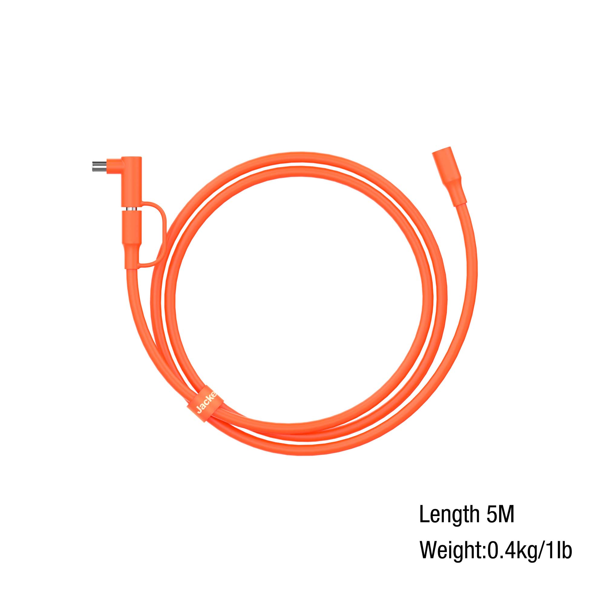 Jackery coiled orange DC extension cable with L-shaped and straight connectors, perfect for portable power stations. Length: 5M, Weight: 0.4kg/1lb (shown at bottom right).
