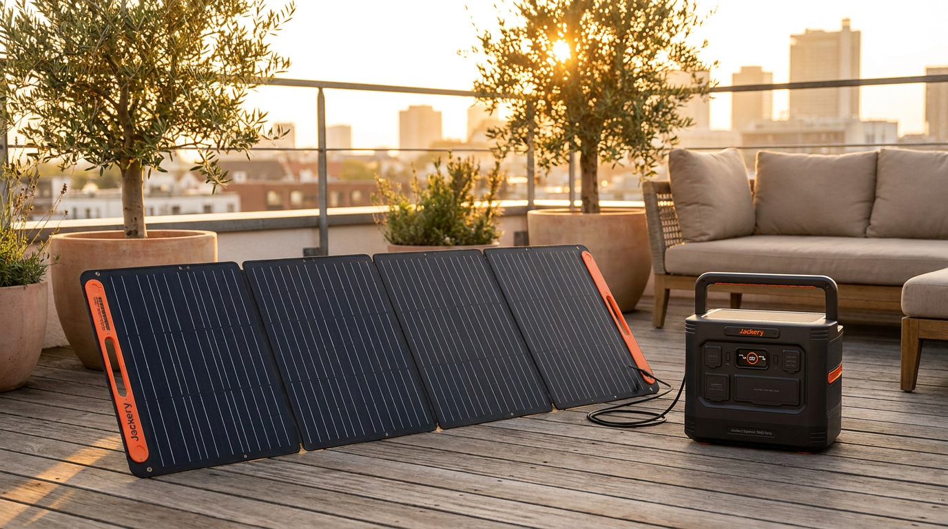 A Jackery E1500Ultra portable power station on a city rooftop terrace at golden hour, connected by cable to a Jackery SolarSaga 200W foldable solar panel standing open on its kickstand, with olive trees and the skyline behind.