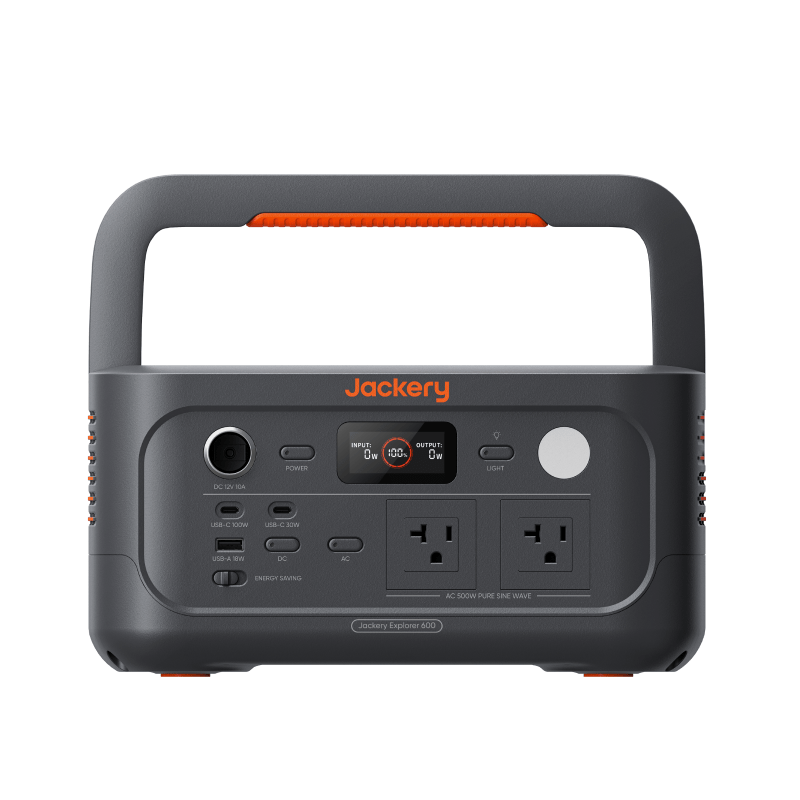 Jackery E600v2 portable power station front view with digital display