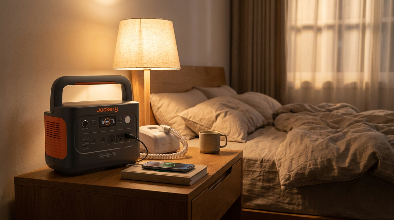 A Jackery Explorer 1000 v2 portable power station on a bedroom nightstand at night, running a CPAP machine plugged into its AC outlet and a lit bedside lamp, with a phone charging alongside.