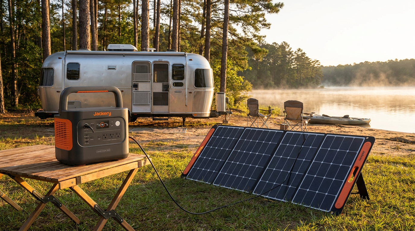A Jackery Explorer 2000 v2 portable power station on a folding table at a lakeside campsite, cabled to a large Jackery foldable solar panel on the grass, with a silver travel trailer, camp chairs and mist on the water at golden hour.