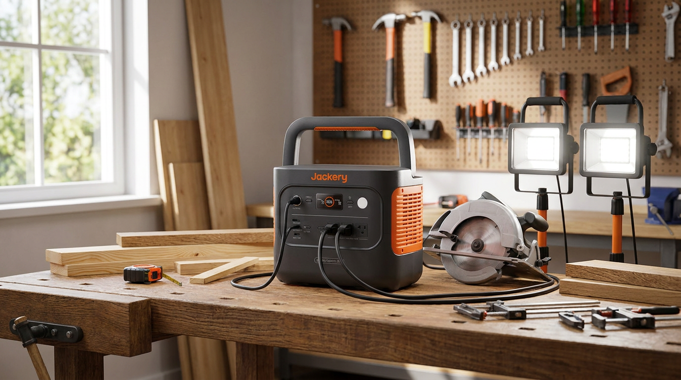 A Jackery Explorer 2000 v2 portable power station on a timber workbench in a home workshop, running a circular saw and two LED work lights, with a pegboard of hand tools behind.