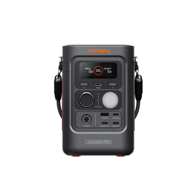 The Jackery Explorer 3000 portable power station is shown front-facing, displaying various input/output ports, an LCD display, built-in charging options, and carrying handles on each side.