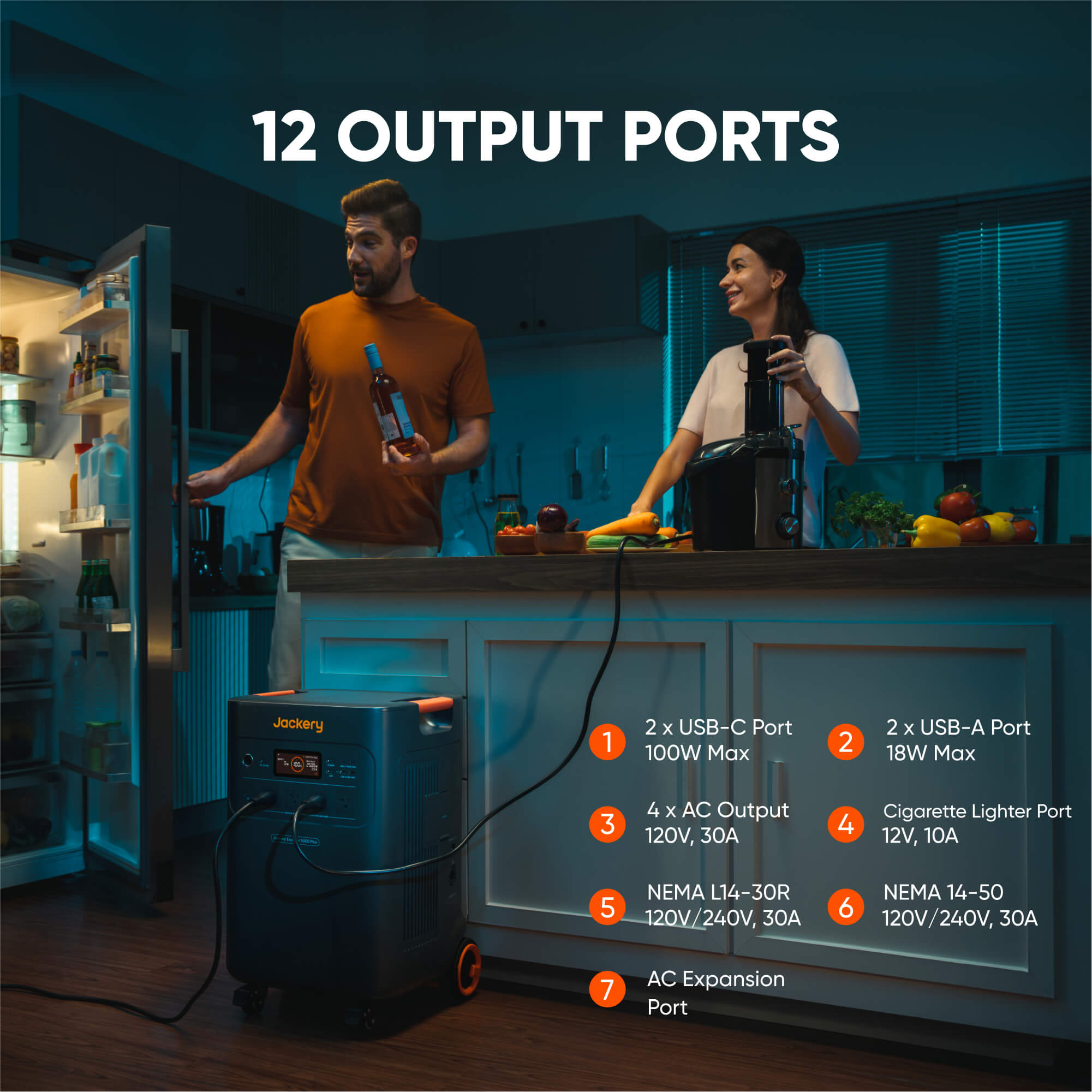 A man grabs a drink from the fridge while a woman uses a coffee maker in their dimly lit kitchen. In the foreground, a Jackery portable power station with 12 output ports keeps all devices running smoothly.