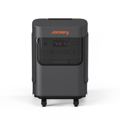 Introducing the Jackery Explorer 5000 Plus—a portable power station with a dark gray body, orange "Jackery" branding, front panel outlets and controls, wheels for easy transport, and an optional protective cover.