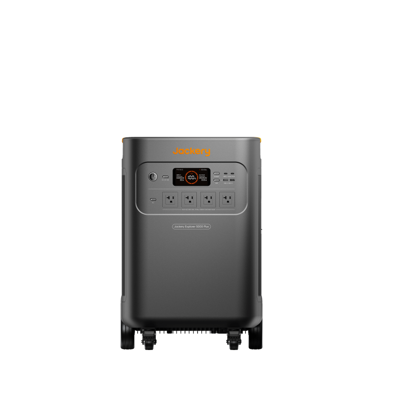 Front view of a black Jackery solar generator with multiple input/output ports, four outlets, digital display, and wheels for mobility—ideal for reliable backup power.