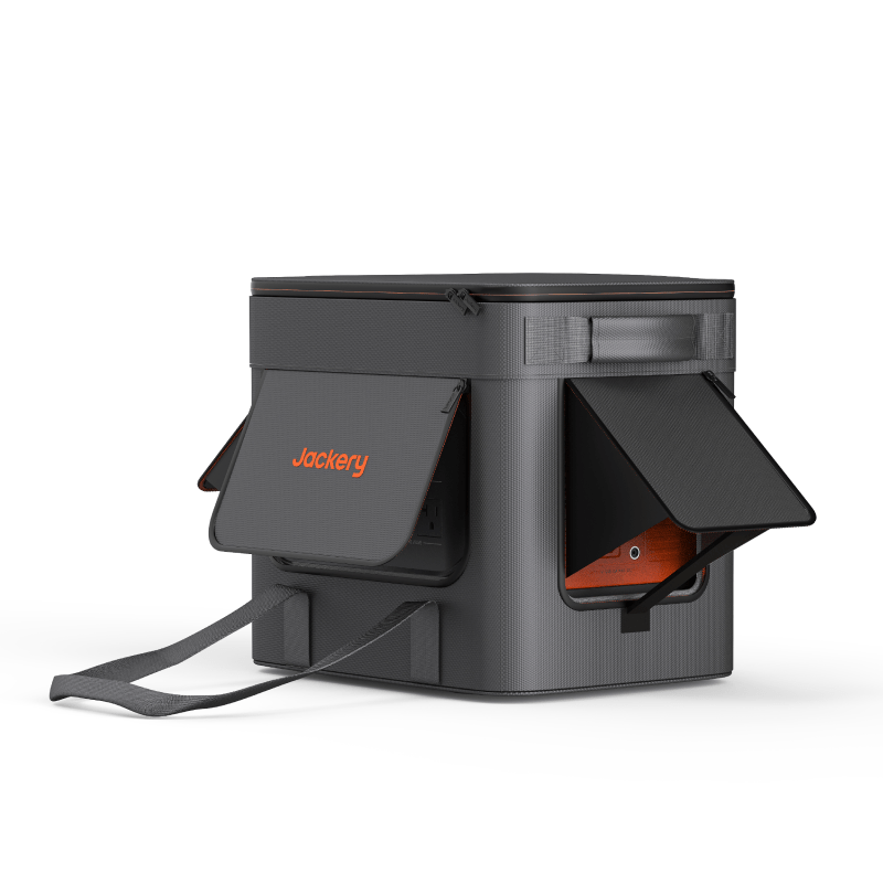 A gray, soft-sided Jackery storage box features orange branding, waterproof and dustproof protection, two partially open side flaps, a carrying strap, and visible black and orange compartments inside.