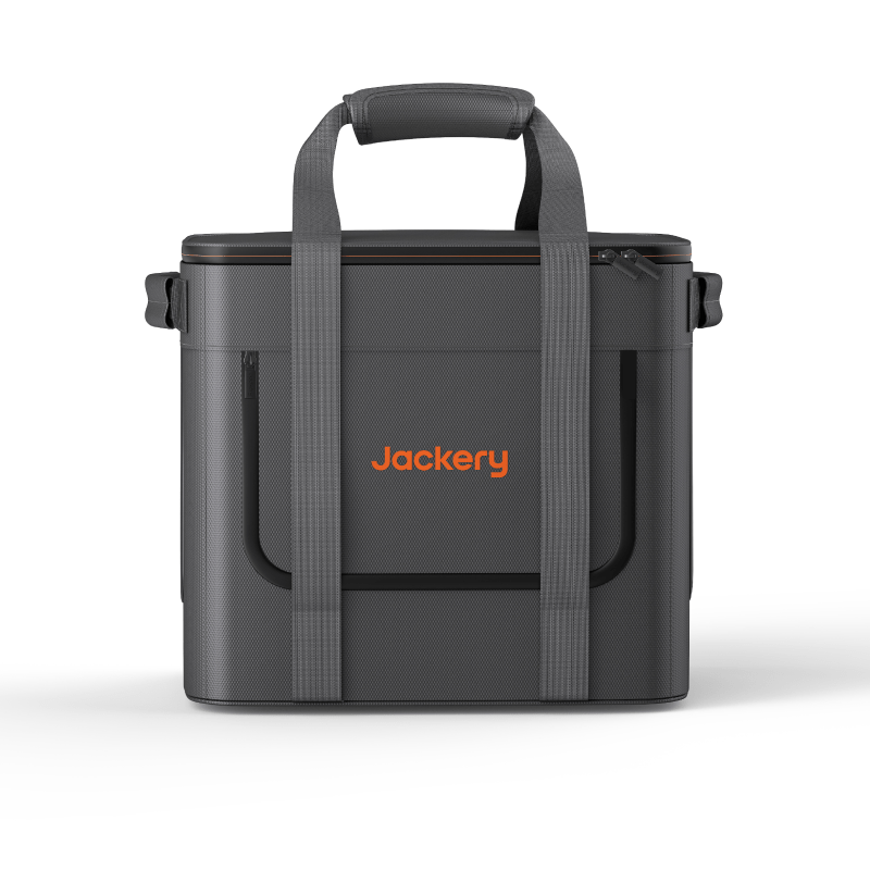 The Jackery gray soft-sided cooler bag features orange branding, dual handles, a zippered top, and front pocket. Waterproof and dustproof, it's ideal for storing your Jackery Explorer 1000 v2.