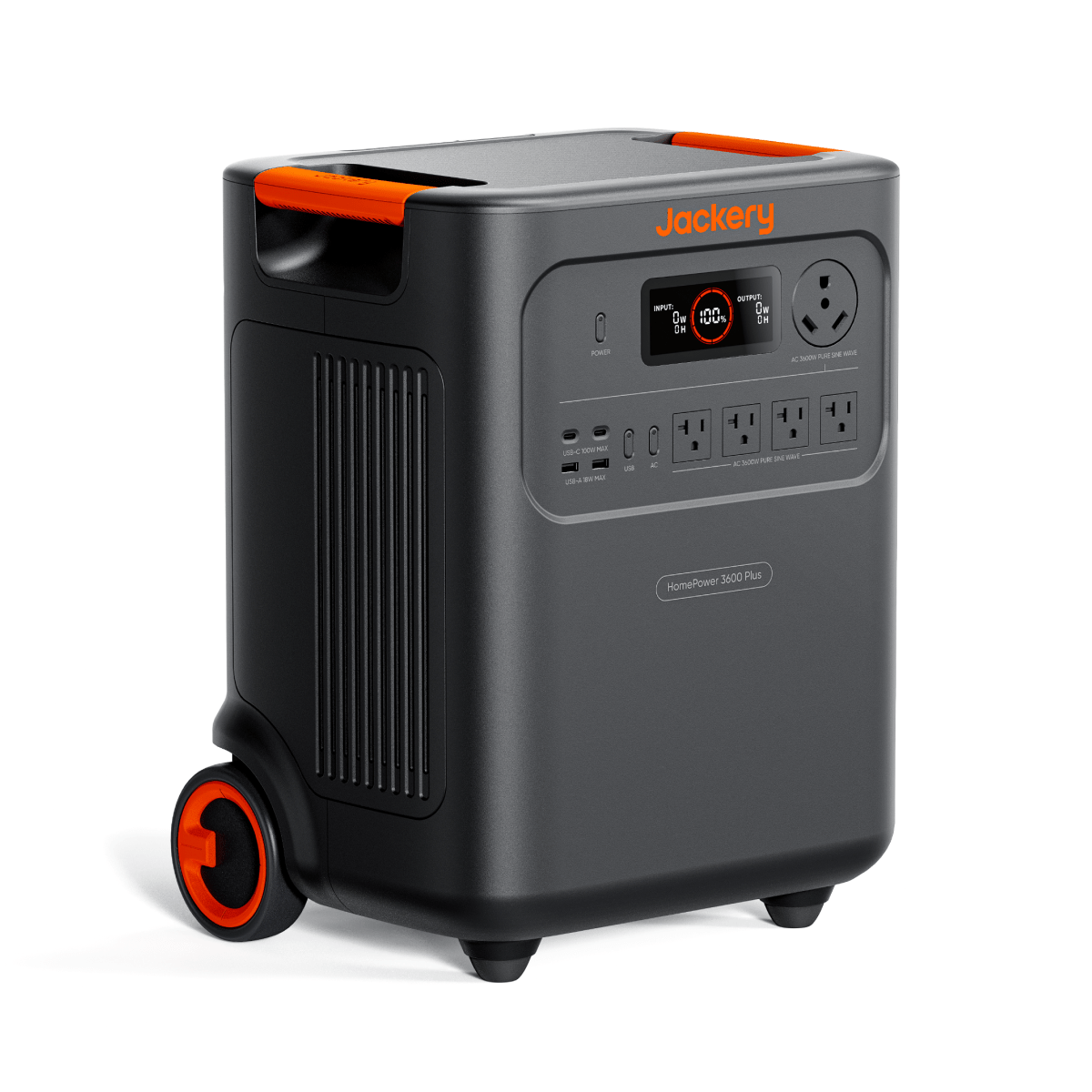 The Jackery portable power station has wheels, orange handles, 3584Wh capacity, 3600W output, multiple outlets/ports, an LCD display, and a sleek black-orange design.