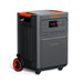 The Jackery portable power station has wheels, orange handles, 3584Wh capacity, 3600W output, multiple outlets/ports, an LCD display, and a sleek black-orange design.