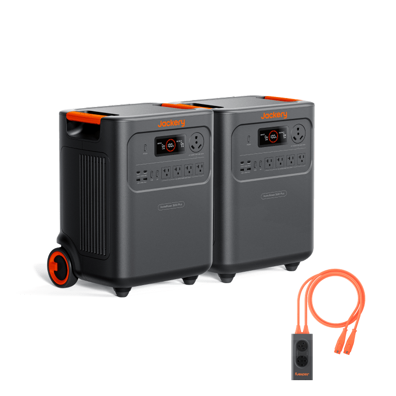Two Jackery black portable power stations with orange handles and wheels are side by side. Each offers 3600W output and comes with an orange cable with connectors, all set against a white background.