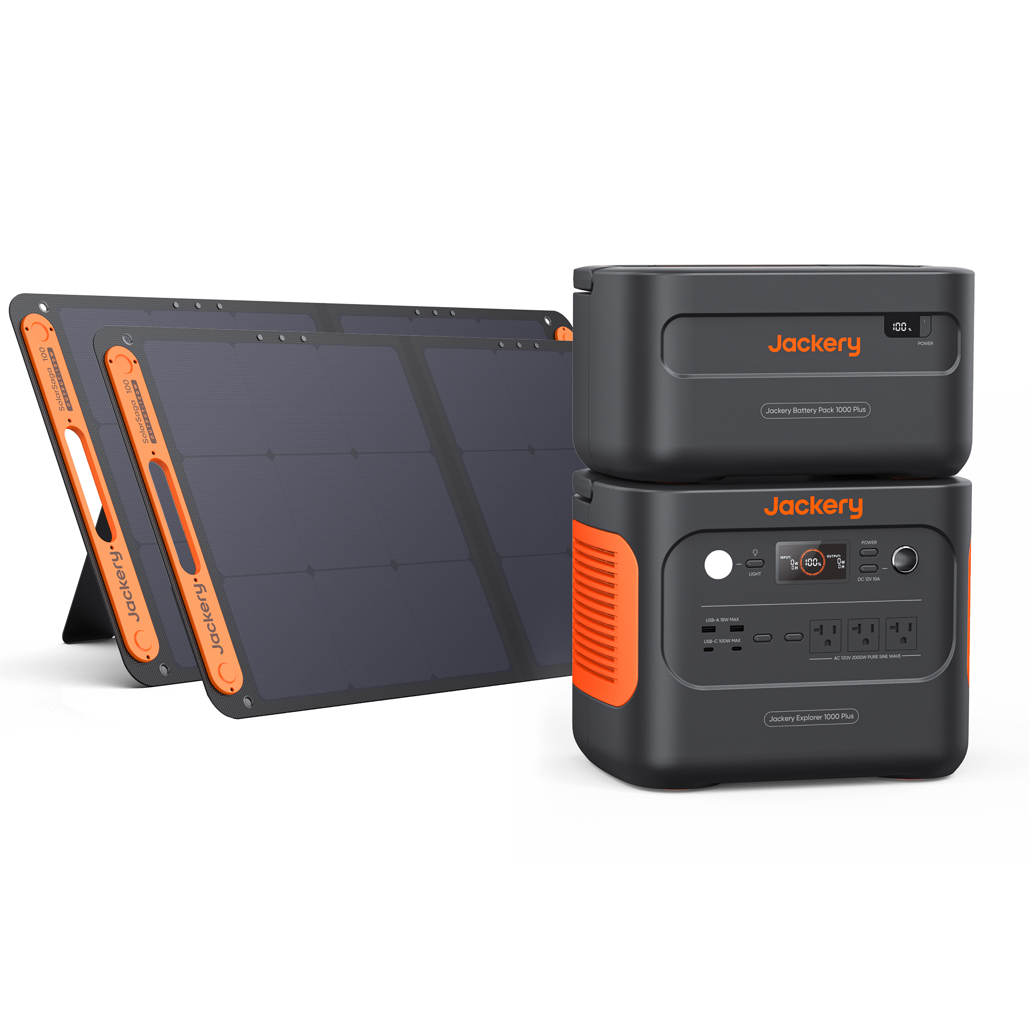 Two portable Jackery power stations with digital displays, multiple ports, and orange accents are stacked beside a foldable upright solar panel, forming a compact solar generator setup from Jackery.