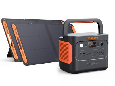 A Jackery portable power station with multiple front ports and a foldable solar panel are displayed on a white background, highlighting their versatility and reliability as solar generators.