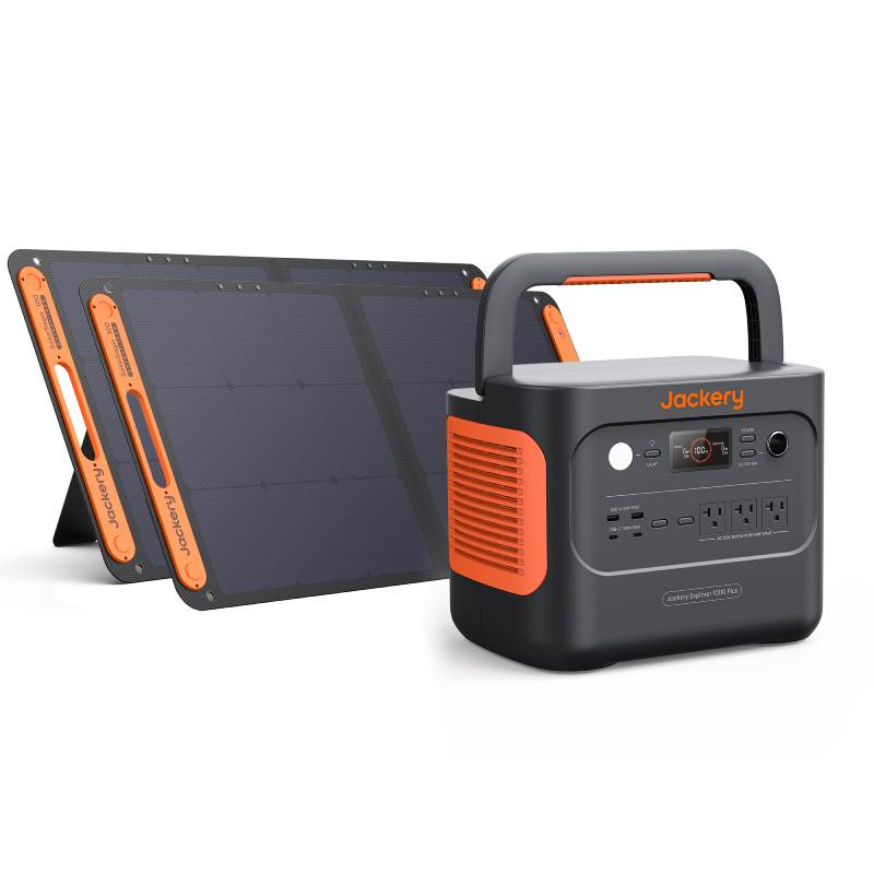 A Jackery portable power station with multiple front ports and a foldable solar panel are displayed on a white background, highlighting their versatility and reliability as solar generators.