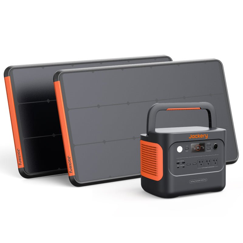A Jackery portable power station with a handle is paired with two foldable solar panels labeled "Explorer." This Jackery solar generator offers various input and output ports for versatile charging anywhere.