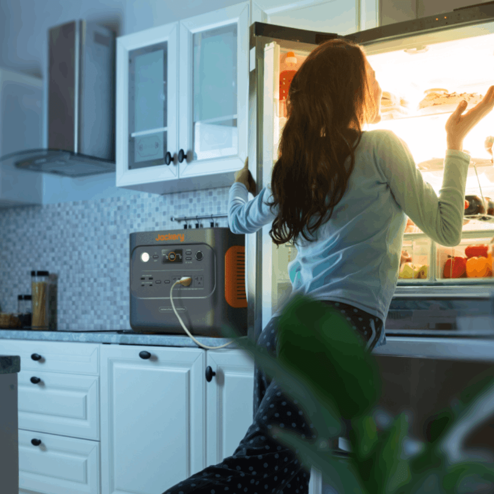 A woman in pajamas stands in a kitchen at night, looking into an open fridge. On the counter nearby is a Jackery portable power station with an expandable battery, its cord plugged into an outlet.