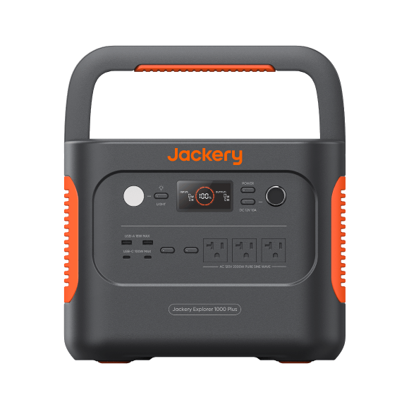 The Jackery Explorer 1000 Plus is a portable power station featuring a handle, multiple outlets, control buttons, an LED display for power info, and orange accents on its black body.