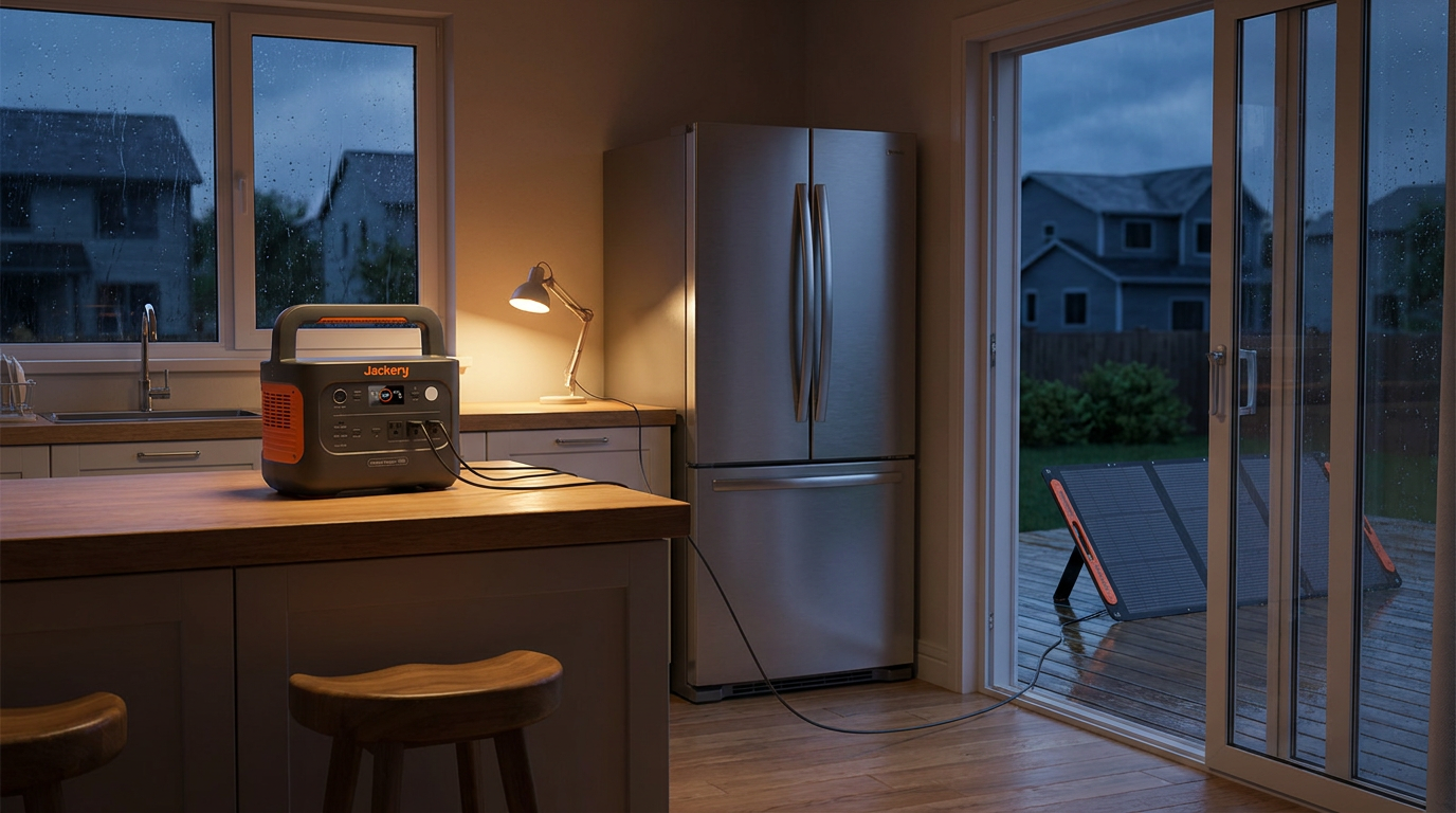 A Jackery Explorer 1000 v2 power station lit on a kitchen counter during a neighbourhood power outage, running the refrigerator and a desk lamp, with a cable running out to a Jackery SolarSaga 200W solar panel on the deck and the neighbouring house dark at dusk.