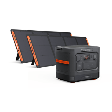 A Jackery power station bundle, featuring user-friendly control panels and ports, stands before two foldable solar panels—sleek black with orange accents—all from the Jackery brand.