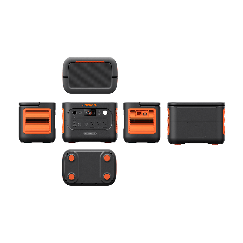 The Jackery portable power station, mainly black with orange accents, features fast charging and various front input/output ports. Six views are shown: top, front, back, left side, right side, and bottom.