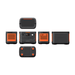 Six views of the Jackery LiFePO4 power station in black with orange accents, displaying the top, front, back, two sides, and bottom—featuring fast charging ports, vents, display screen, buttons, and four rubber feet.