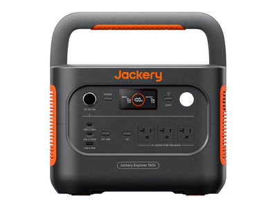The Jackery Explorer 1500 portable power station features a sturdy top handle, control panel, digital display, fast-charging outlets, USB ports, and orange accents on a black body for easy use and transport.