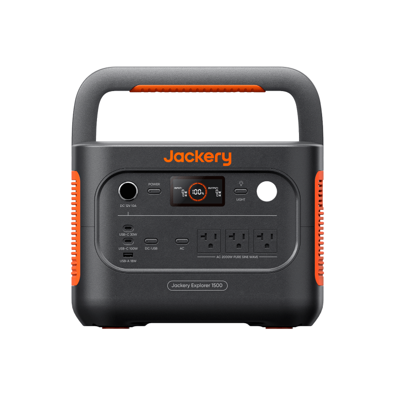 The Jackery Explorer 1500 portable power station features a sturdy top handle, control panel, digital display, fast-charging outlets, USB ports, and orange accents on a black body for easy use and transport.