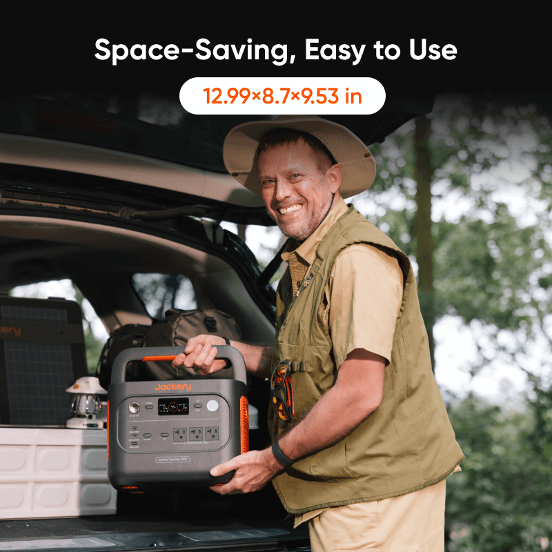 A man in outdoor clothing stands by an open vehicle trunk, holding a Jackery portable power station with LiFePO4 battery. Above him, text reads "Space-Saving, Easy to Use" and "12.99×8.7×9.53 in." Trees fill the background.