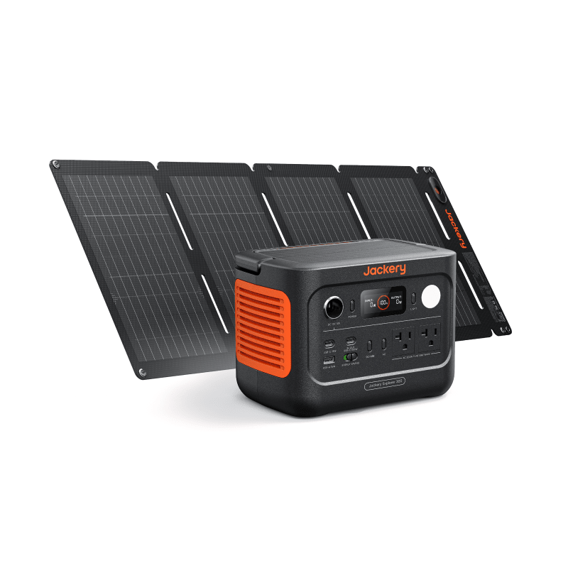 A Jackery portable power station and foldable solar panel are shown. With multiple outlets, ports, a digital display, and signature black-orange design, this Jackery set offers reliable backup power anywhere you go.