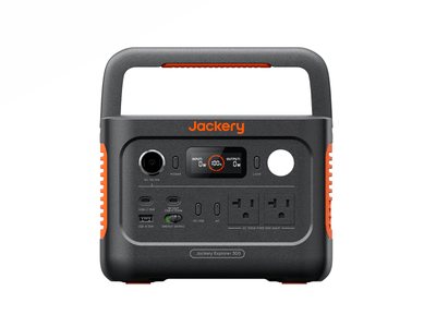 A Jackery Explorer 500 portable power station with a handle, control panel, multiple ports and AC outlets, featuring orange accents—ideal for emergency backup—displayed against a white background.