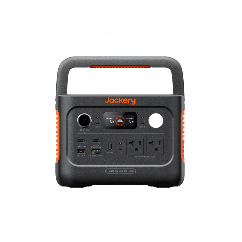 A Jackery Explorer 500 portable power station with a handle, control panel, multiple ports and AC outlets, featuring orange accents—ideal for emergency backup—displayed against a white background.