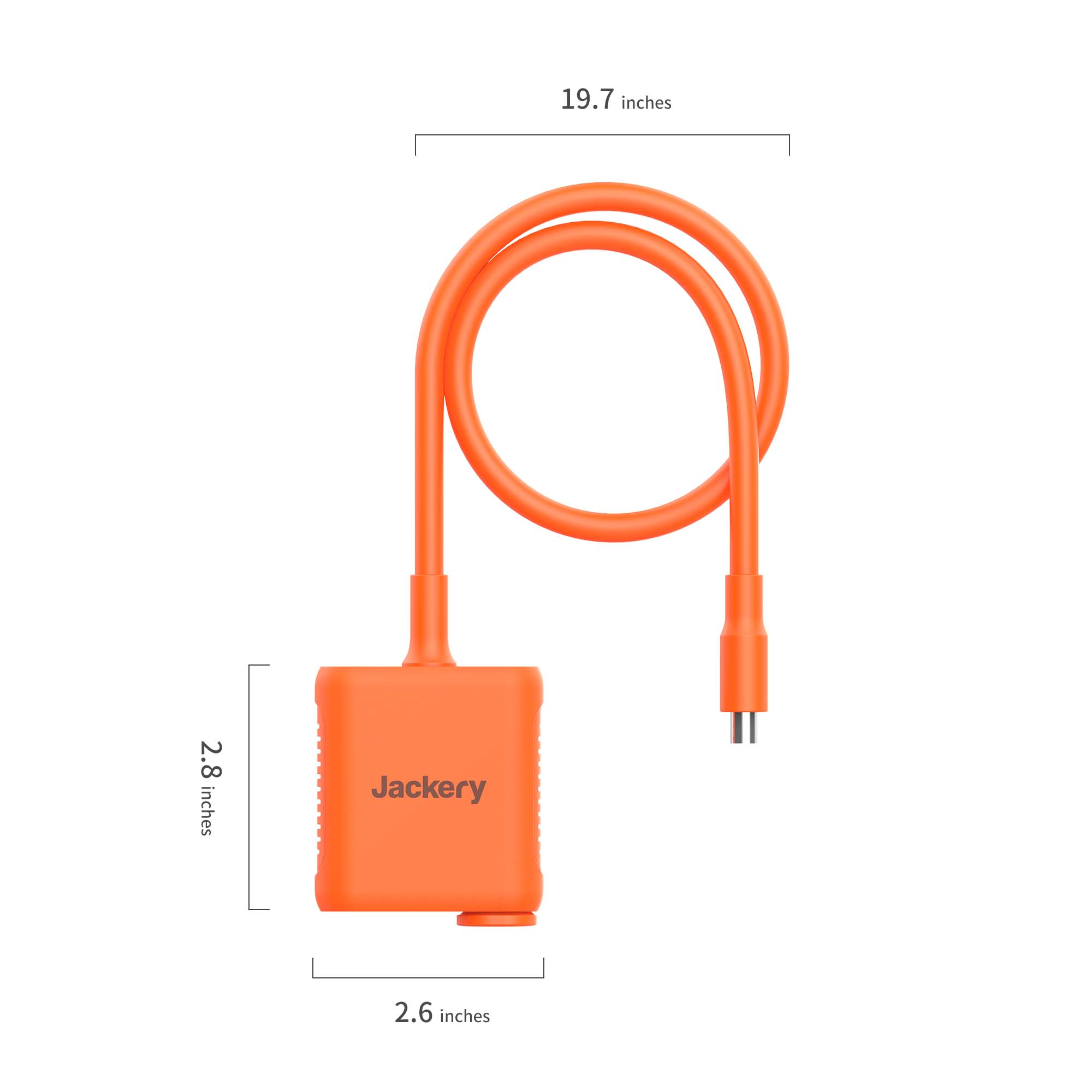 The Jackery orange adapter features a USB-C connector, 19.7-inch cable, and rectangular body labeled "Jackery" (2.8" tall, 2.6" wide)—ideal for connecting your portable power station.