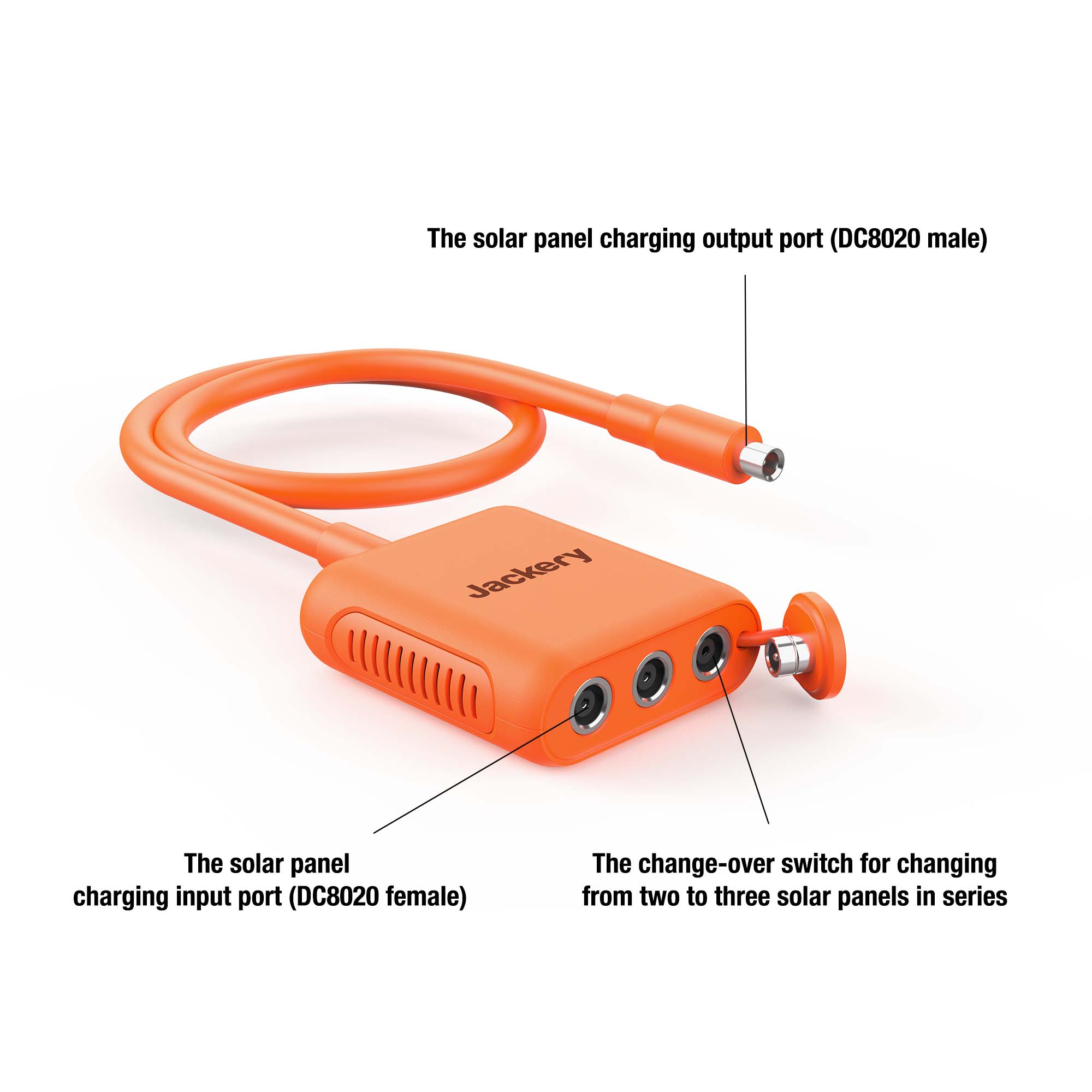 The Jackery orange adapter features labeled ports and a switch: solar panel connector input (DC8020 female), output port (DC8020 male), and a selector switch for connecting two or three solar panels—ideal for your portable power station or generator.
