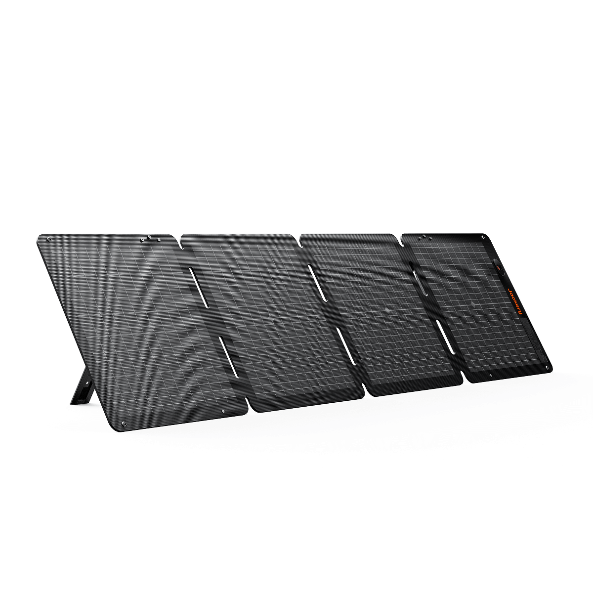 The Jackery 100Wair, a four-panel foldable solar panel array with a built-in kickstand, stands on a white surface—ideal for charging your portable power station using solar energy.