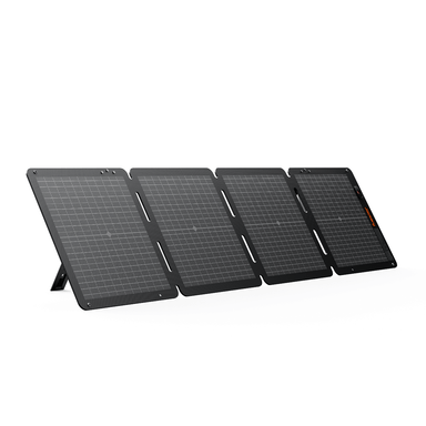 The Jackery 100Wair, a four-panel foldable solar panel array with a built-in kickstand, stands on a white surface—ideal for charging your portable power station using solar energy.