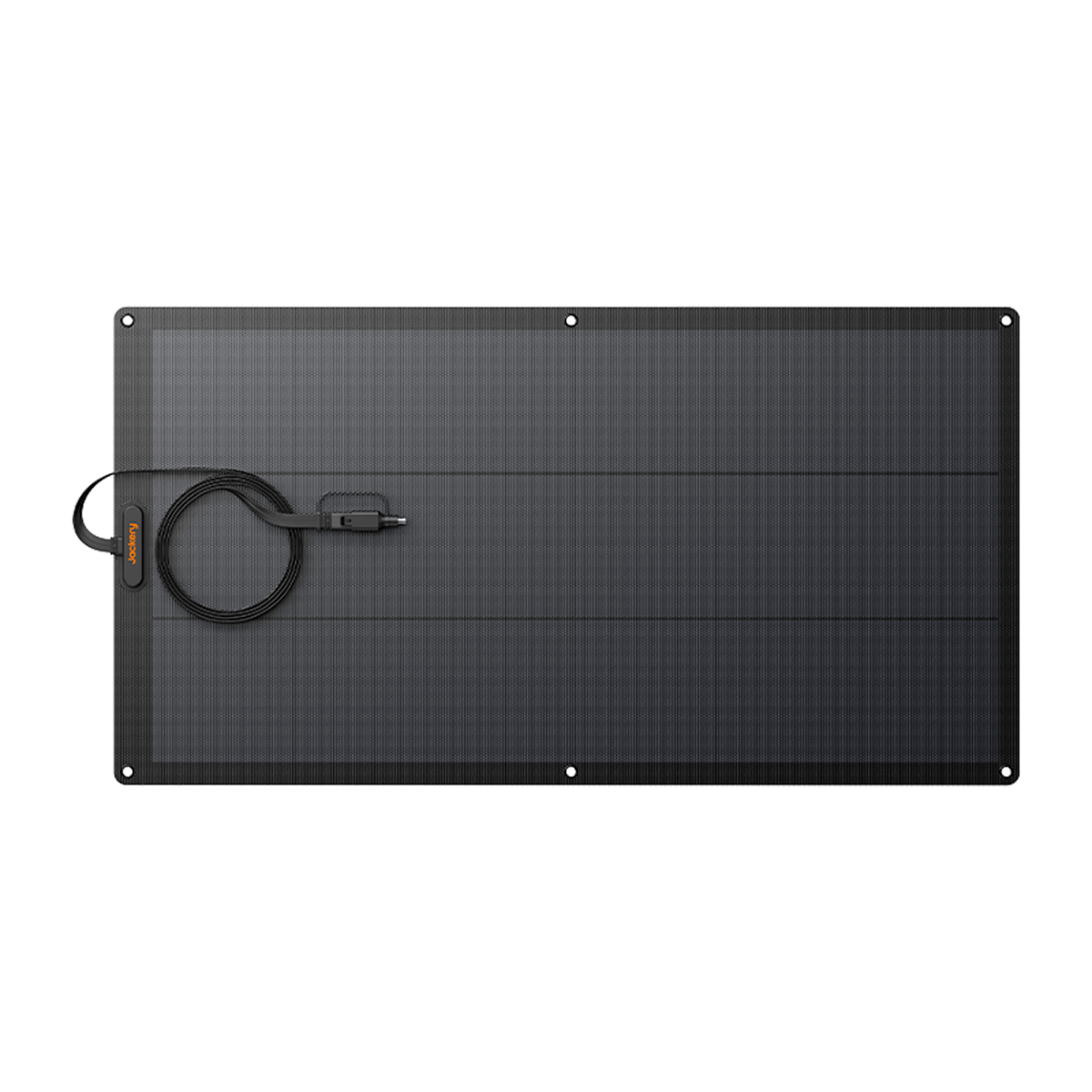The Jackery solar panel features a lightweight rectangular black design with rounded corners, a cable and connector on one side, and four mounting holes—one at each corner.