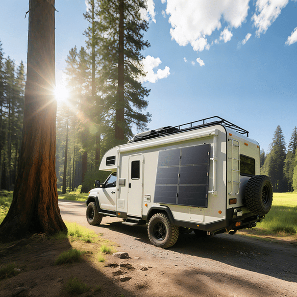 A Jackery solar panel is mounted on the side of a camper van parked on a dirt road in a forest clearing, with sunlight streaming through the trees under a blue sky with scattered clouds.