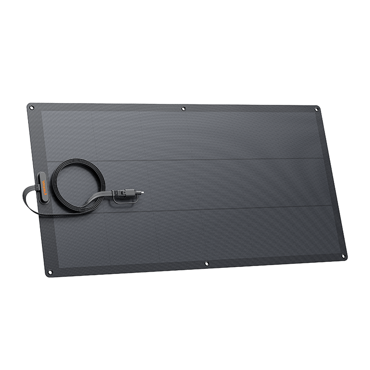 A lightweight Jackery solar panel with a rectangular black grid design and attached black cable and plug lies flat on a white background.