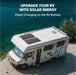 A white RV with a Jackery SolarSaga 100 solar panel on its roof is parked by blue water. Text above reads, "Upgrade your RV with Jackery solar energy. Directly charges your RV battery.