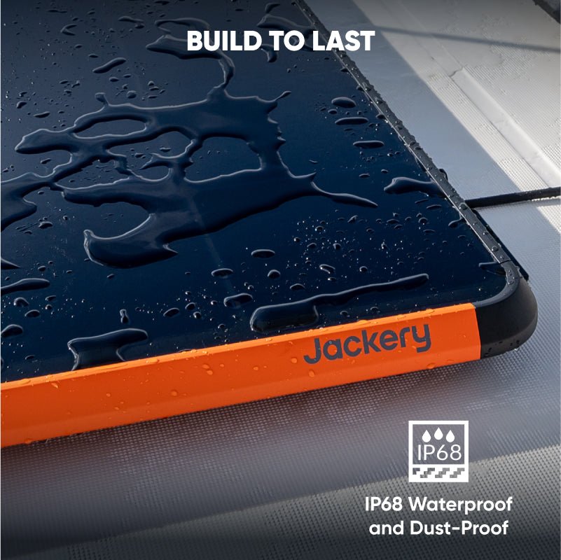 A close-up of a waterproof Jackery SolarSaga 100 solar panel with water droplets on its black and orange surface. Text reads "Built to Last" and "IP68 Waterproof and Dust-Proof" next to the Jackery brand name and an IP68 certification icon.